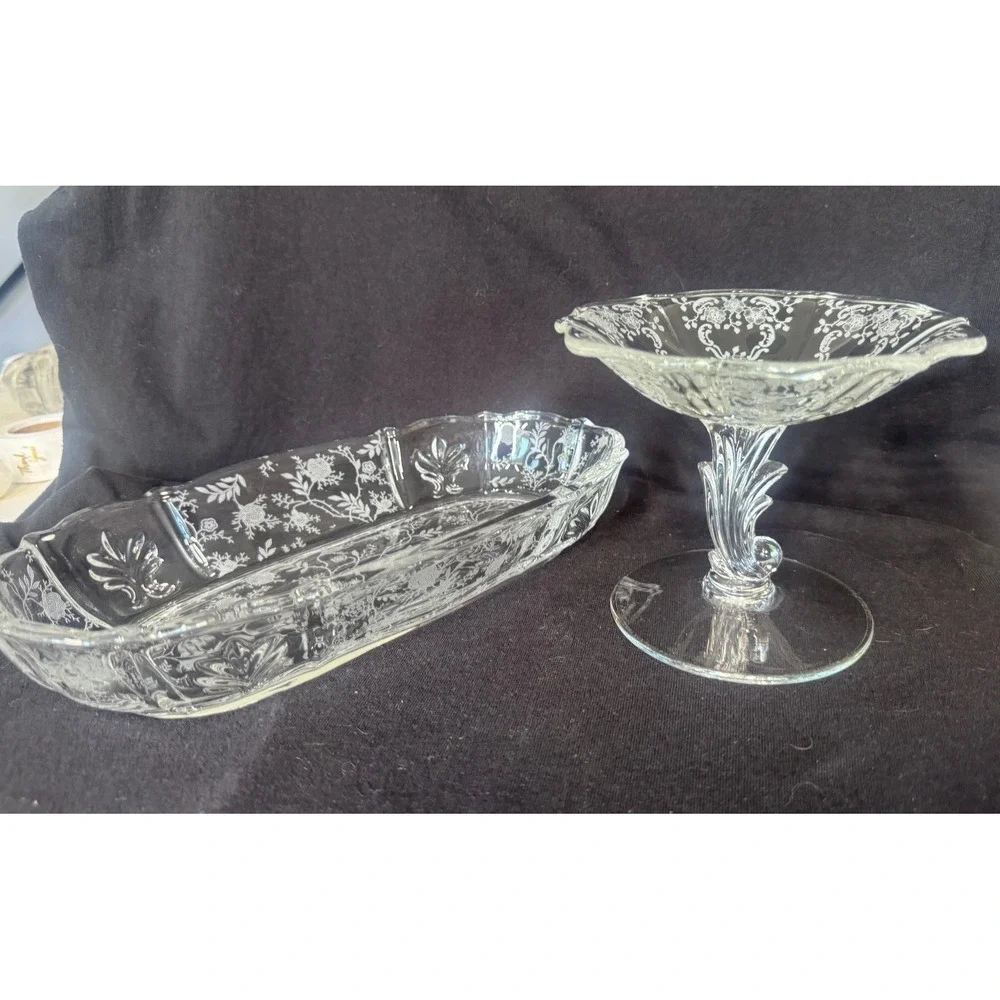Fostoria Etched Glass Set Oval Relish Bowl and Pedestal Candy Dish Clear Floral